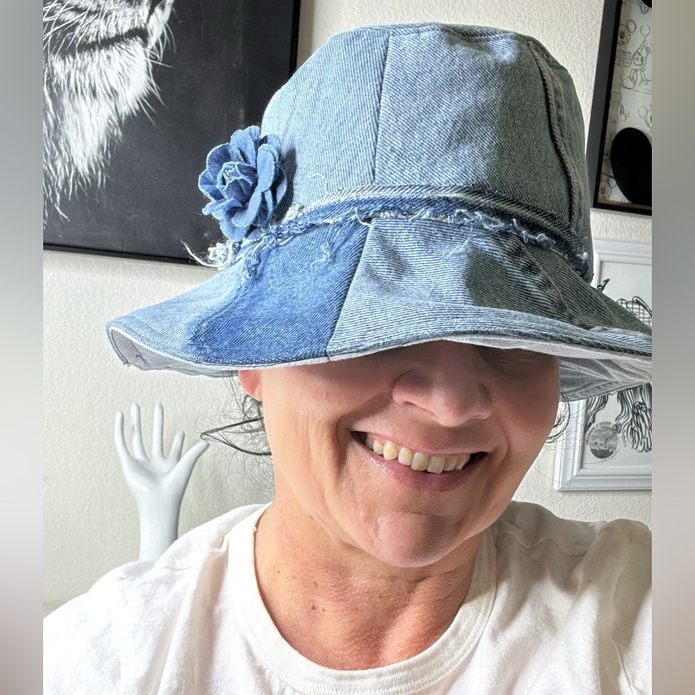 Women's Denim Bucket Hat with Floral Accent in Blue